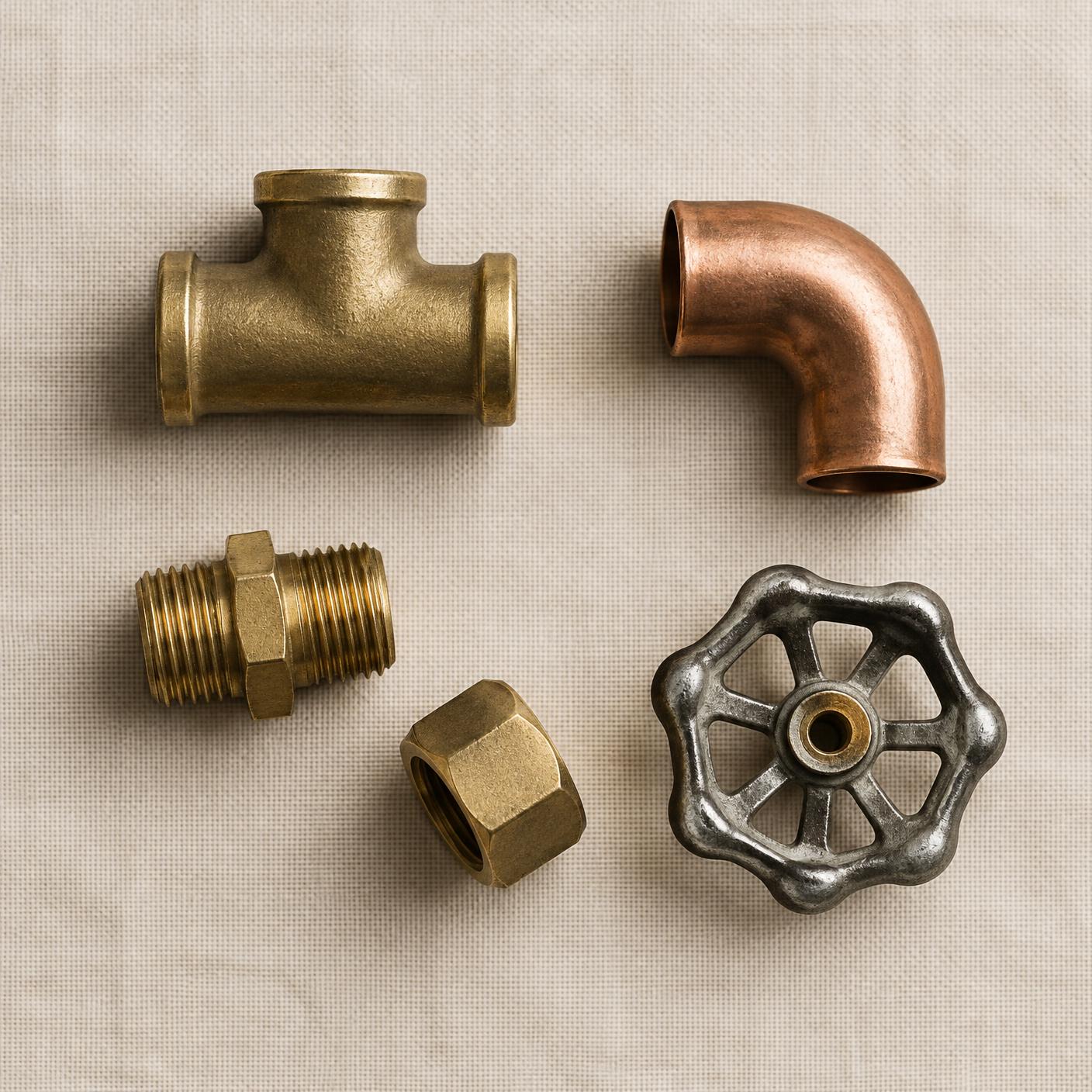 Brass tee, copper elbow and steel valve handle on linen