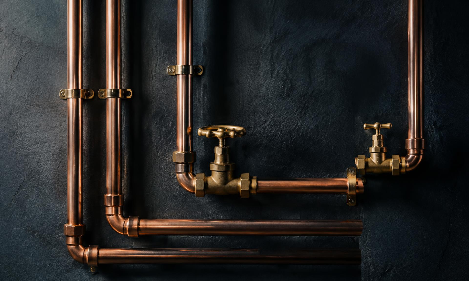 Copper pipework and brass valves on a dark wall