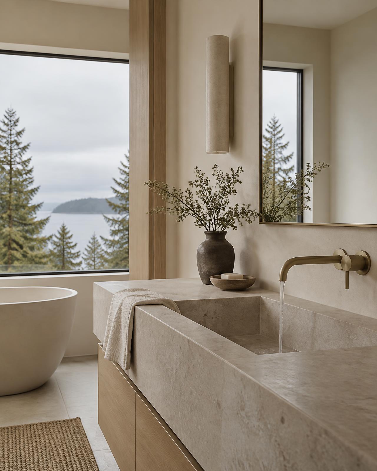Stone basin with brushed brass faucet